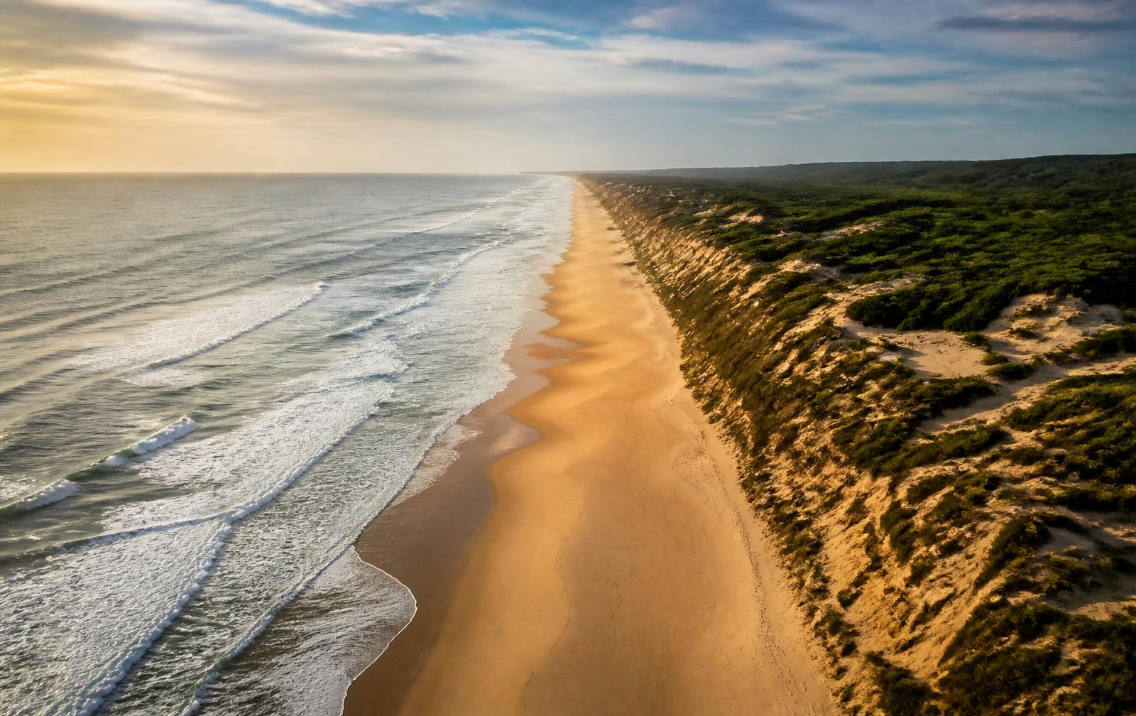 Praia extensa e dunas da zona da Praia D’El Rey, na Costa de Prata, ao final da tarde